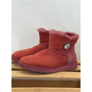 UGG Mini Bailey Button Bling Sangria Red Sheepskin Boots 1003889 Womens 10